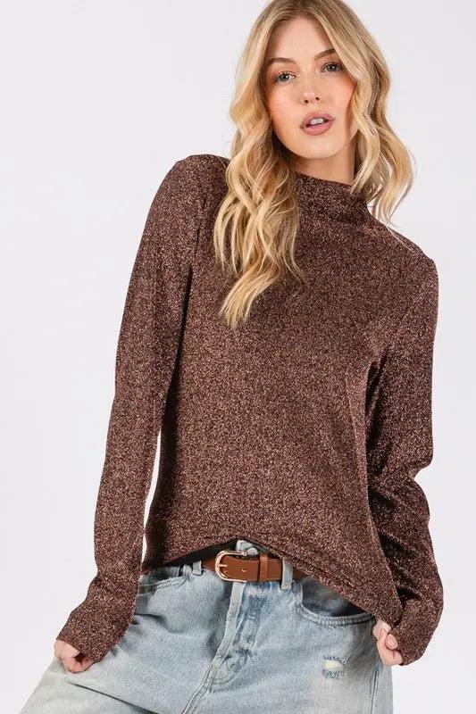 SAGE + FIG Glitter Mock Neck Lettuce Hem Long Sleeve Top - Love Salve